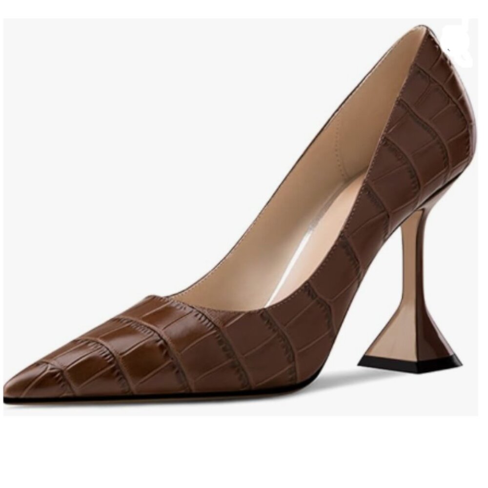 YDN Brown Alligator Pointed Toe Slip on Pumps Special High Heel Shoe for Lady